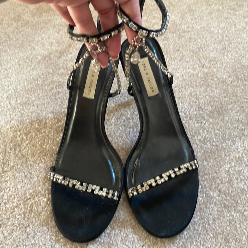Black satin rhinestone sandals